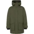 Mørkegrønn parkas for herre med hette og to store lommer nederst foran, vist forfra