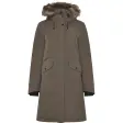 Brun parkas for dame med pelskantet hette og to lommer med knappeklaff foran, vist forfra