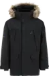 Svart parkas for barn med pelskantet hette og lommer med knapper foran, vist forfra