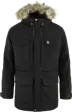Svart lang parkas for herre med fleecefôret hette, pelskant og store belglommer, vist forfra