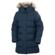 Marineblå lang vattert parkas for dame med pelskantet hette, vist forfra