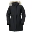 Svart parkas for dame med pelskantet hette og snøring i midjen, vist forfra