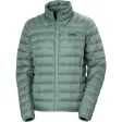 Lysegrønn quiltet dunjakke uten hette med høy krage og Helly Hansen-logo, vist forfra