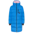Blå lang vattert parkas for dame med hette og høy krage, vist forfra