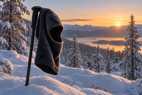 En mørk balaklava i ull henger på en skistav i en snødekt skog mens sola går ned over en fjord