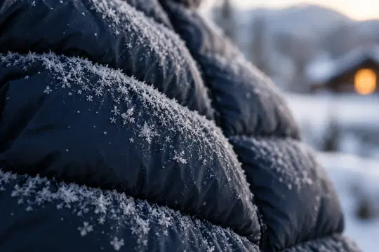 Nærbilde av de quiltede kamrene på en mørkeblå dunjakke med rimkrystaller på stoffet og en opplyst hytte i bakgrunnen