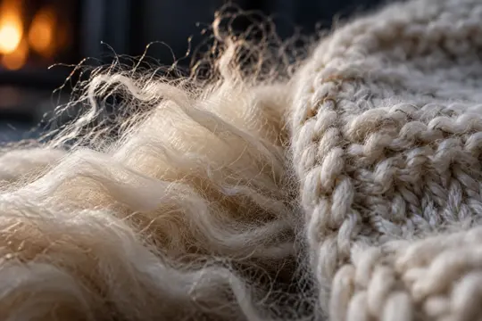 Nærbilde av lyse, krusete ullfibre ved siden av en strikket ullkant, med varmt lys fra en ovn i bakgrunnen