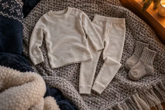 Et lyst ullundertøysett til barn med trøye og bukse lagt flatt på et strikket teppe ved siden av et par små ullsokker