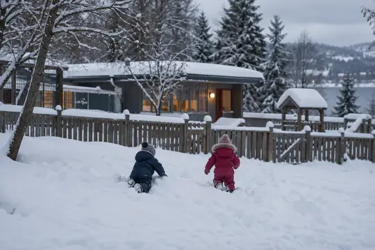 To små barn i vinterklær leker i dyp snø foran gjerdet til en barnehage, sett bakfra en grå vinterdag