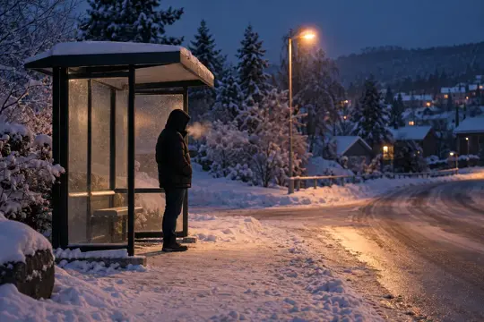 En mann i mørk vinterjakke med hetten oppe venter ved et snødekt busskur en mørk vintermorgen under en gatelykt