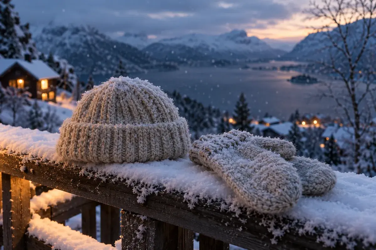 En strikket ullue og et par strikkede votter ligger på et snødekt rekkverk med fjord, fjell og opplyste hus i bakgrunnen en vinterkveld