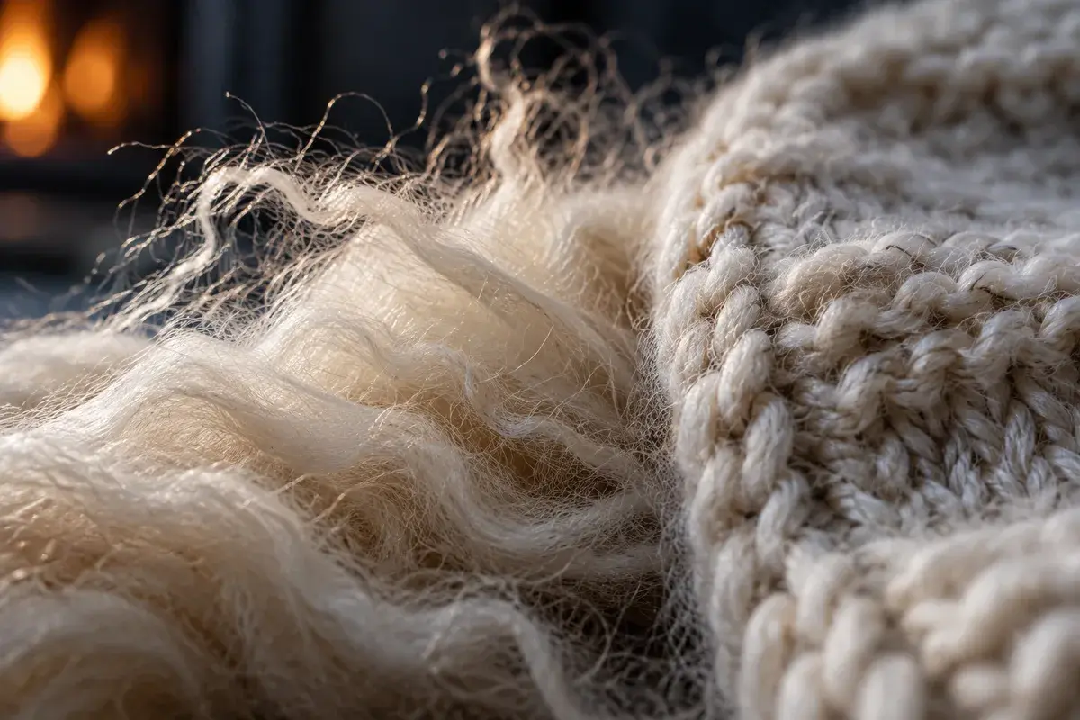 Nærbilde av lyse, krusete ullfibre ved siden av en strikket ullkant, med varmt lys fra en ovn i bakgrunnen