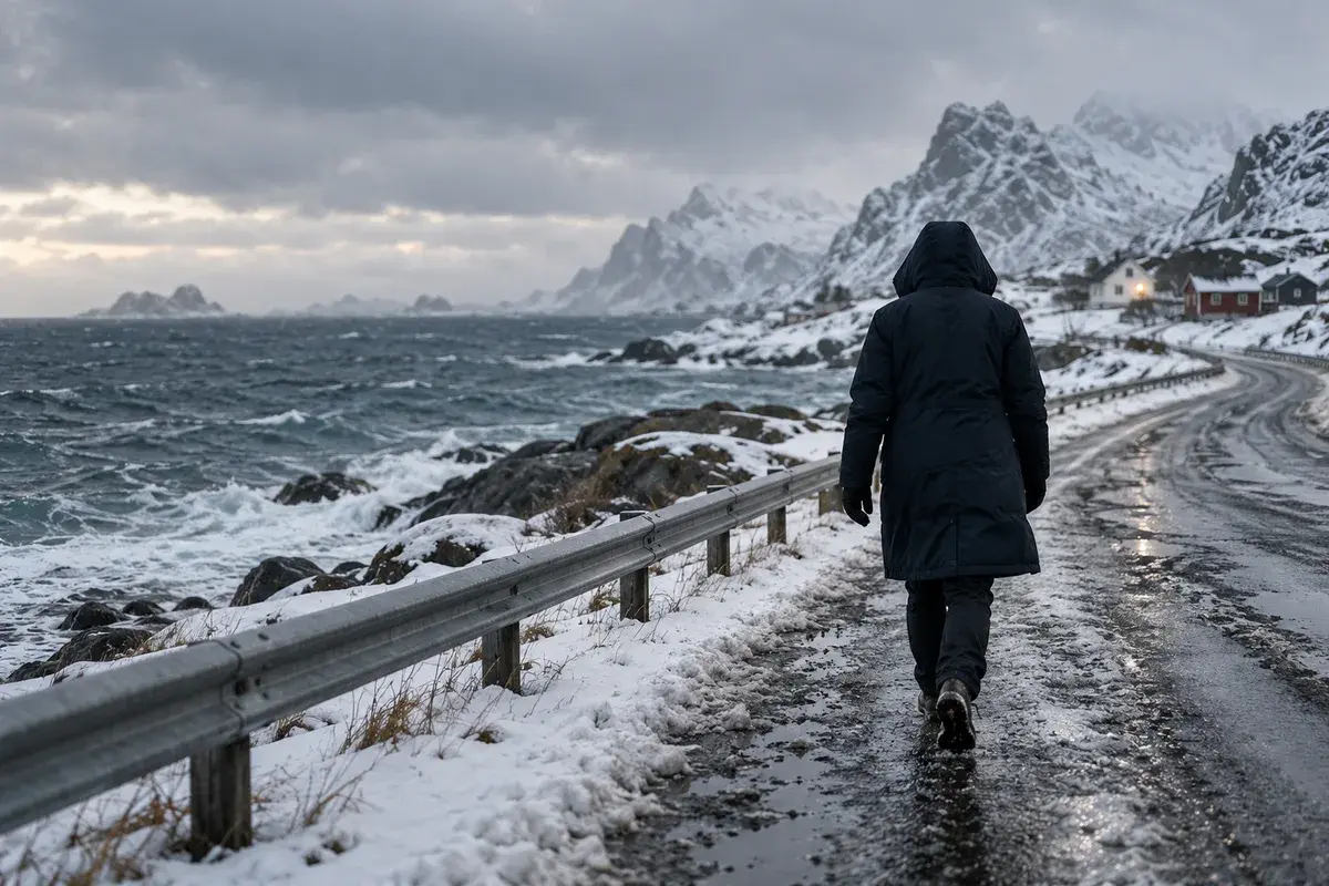 En person i lang mørk parkas med hetten oppe går langs en våt og snøkledd kystvei med opprørt hav og fjell i bakgrunnen