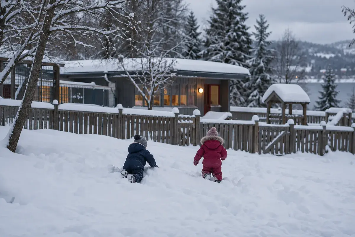 To små barn i vinterklær leker i dyp snø foran gjerdet til en barnehage, sett bakfra en grå vinterdag