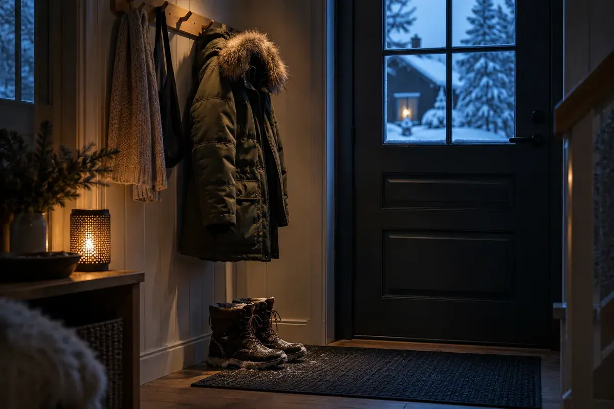 En vinterjakke med pelskantet hette henger på en knagg i en mørk gang ved siden av et par snødekte vinterstøvler, med snø utenfor vinduet i døra