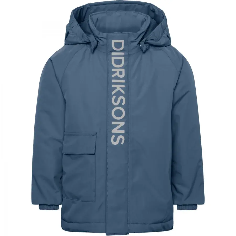 Blå vinterjakke for barn med Didriksons-logo langs glidelåsen, hette og frontlomme
