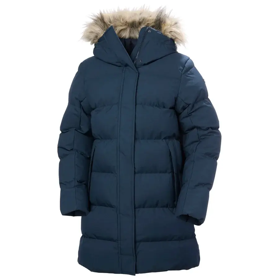 Marineblå lang vattert parkas for dame med pelskantet hette, vist forfra