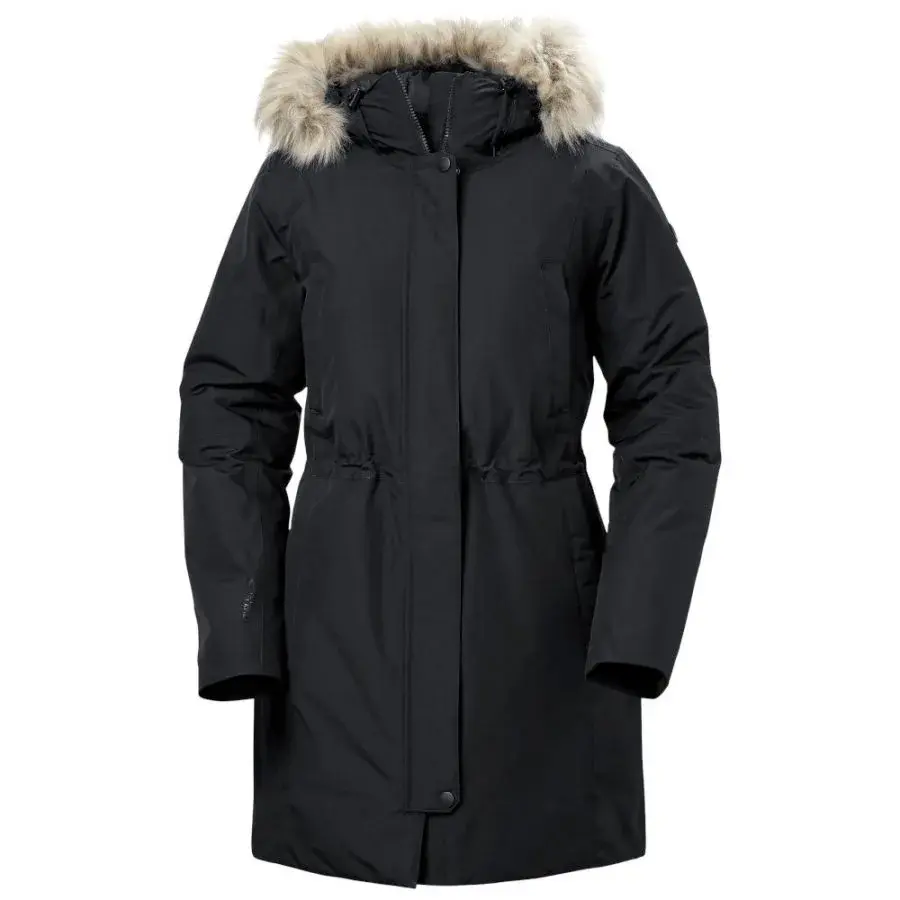 Svart parkas for dame med pelskantet hette og snøring i midjen, vist forfra