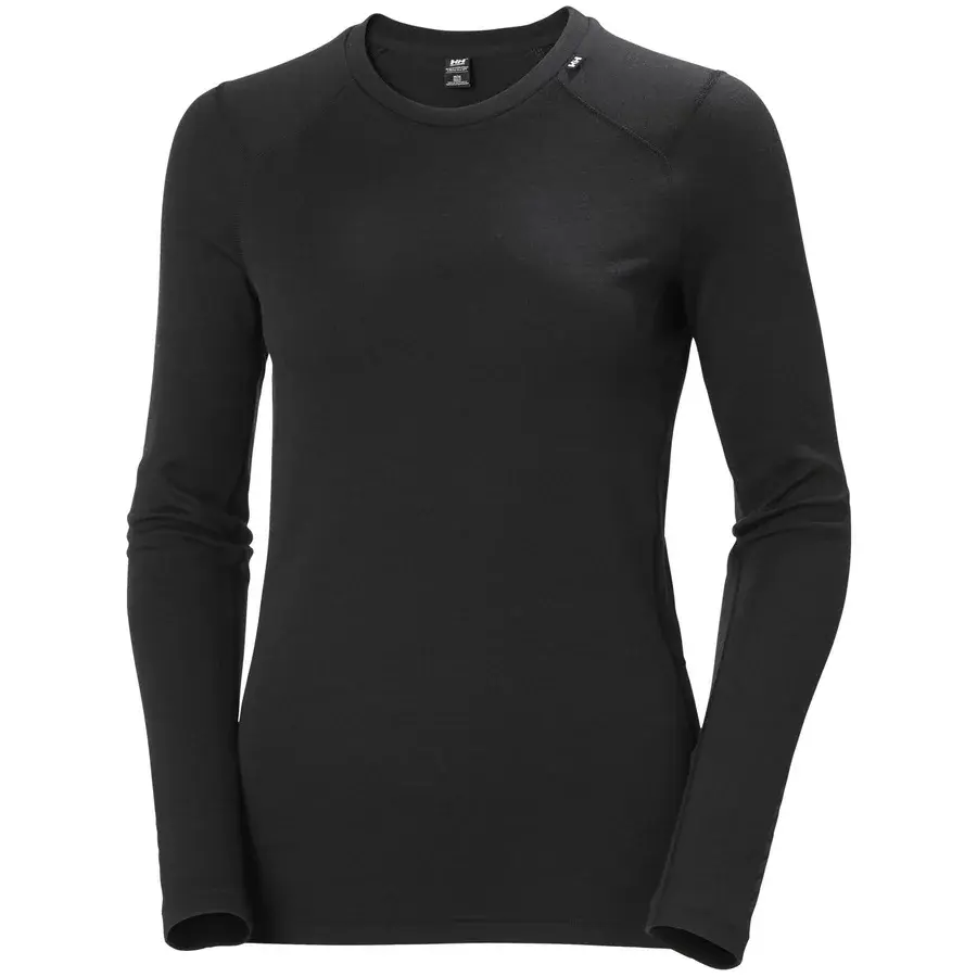 Svart langermet ullundertrøye til dame med rund hals fra Helly Hansen, vist forfra